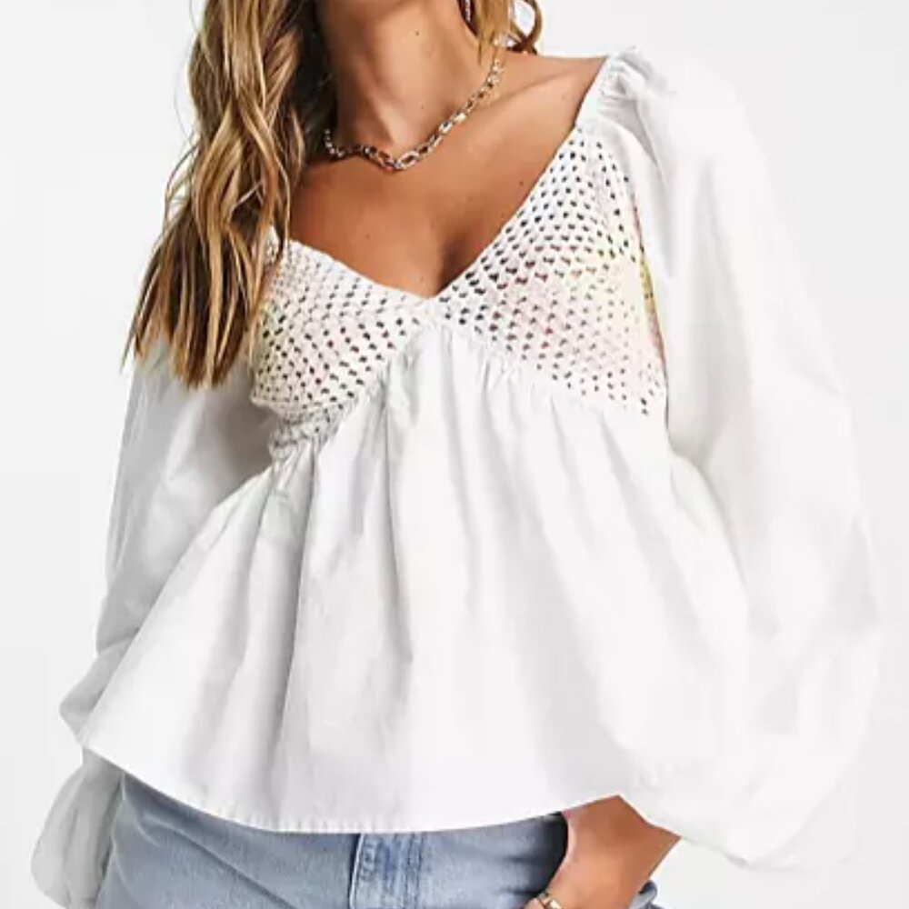 NWOT ASOS DESIGN V neck crochet top w frill sleeve and peplum hem; mixed pastel